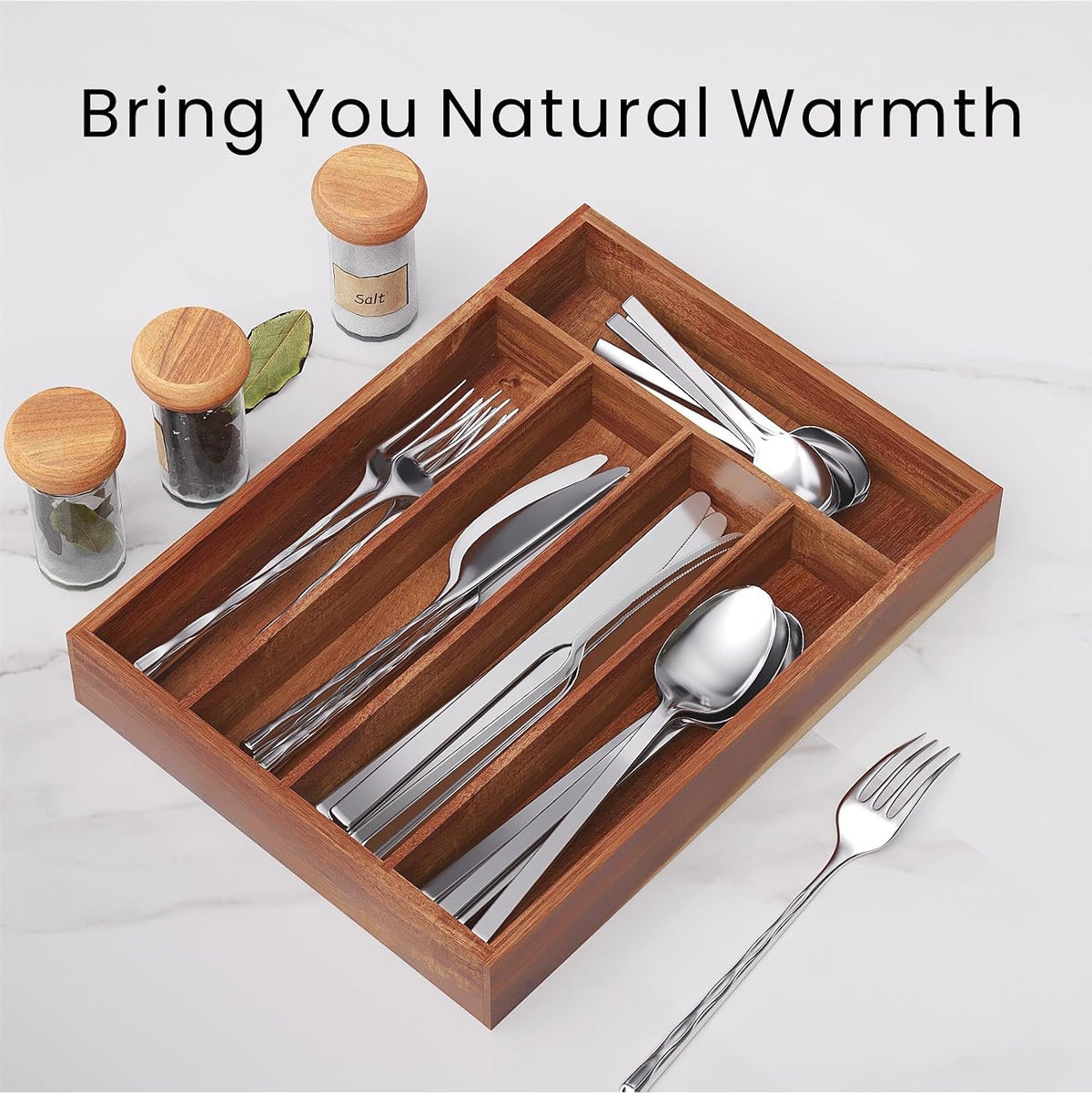 Fibogollo Acacia Wood Silverware Organizer with 5 Slots for Kitchen