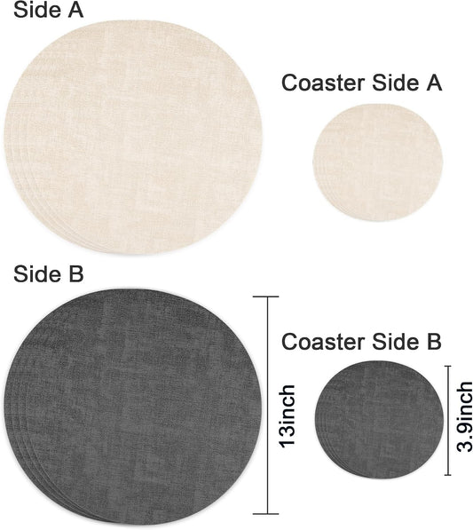 Fyvva Placemats Set of 4, 13" Round Reversible Faux Leather with Coasters