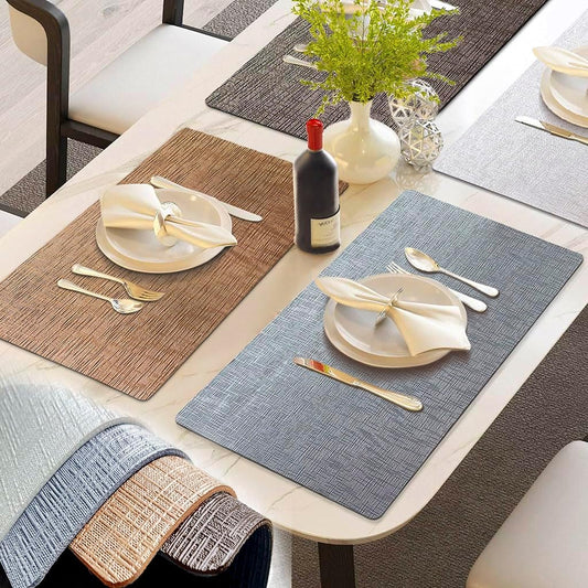 Elegant Placemats and Coasters Set 6, Vinyl Washable Place Mats with Non-Slip Stripes & Metallic Finish, Durable Dining Table Placemats Sets of 6, Dinner Table Mat with Coasters for Table Decor-Silver