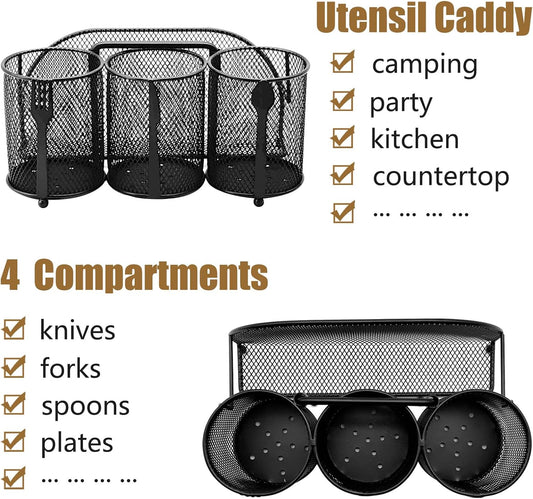DysanVica Utensil Caddy Silverware Holder - 4 Compartment Metal Mesh Cutlery Fork Spoon Napkin Plate Organizer Flatware Storage Basket Party Kitchen Countertop Buffet Picnic Camping Outdoor BBQ Black