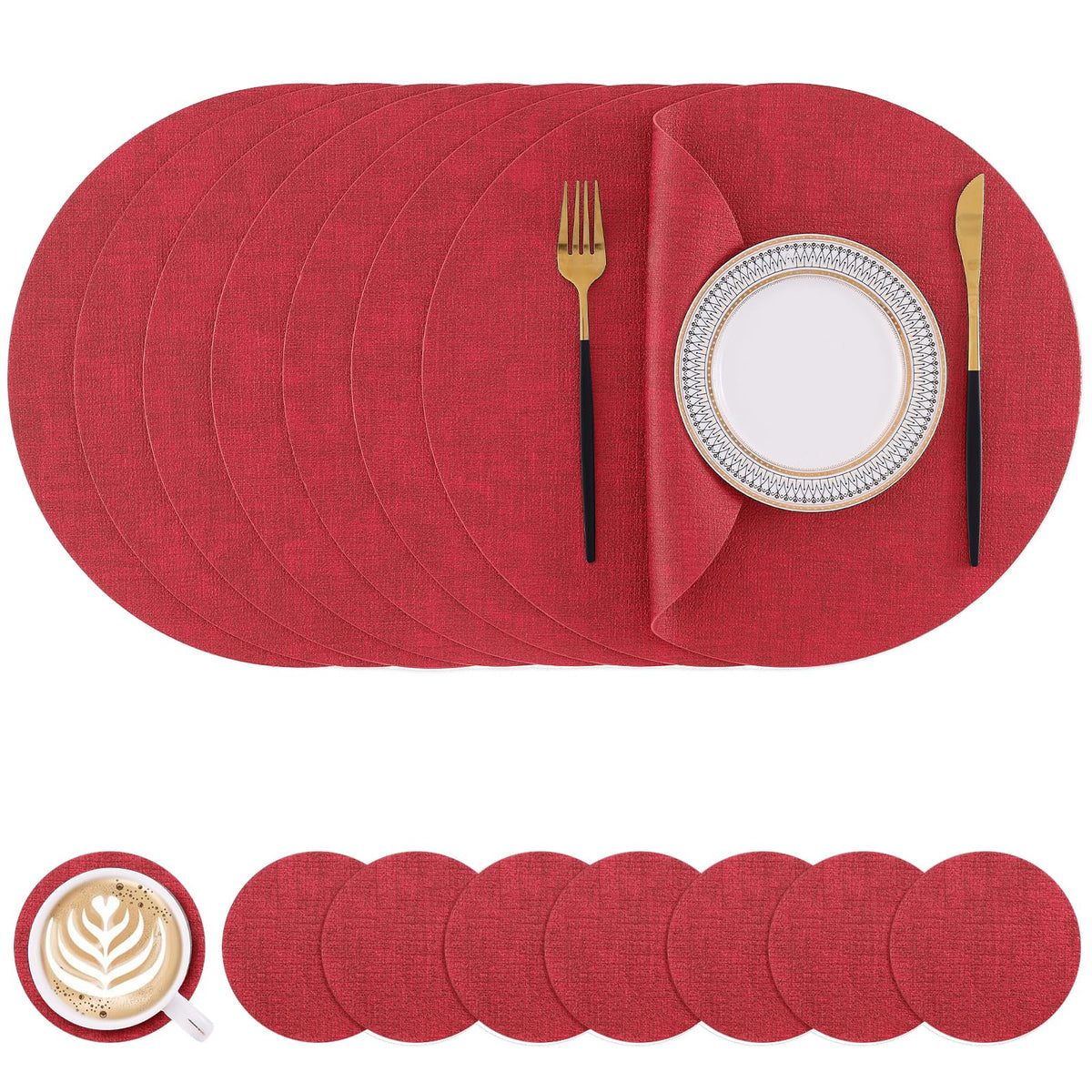 Homaxy Round Faux Leather Placemats and Coasters, Set of 4, Beige