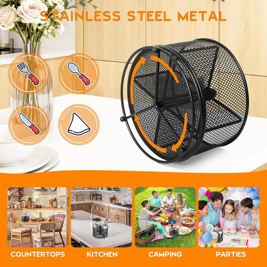 360° Rotating Metal Utensil Caddy, 4 Compartment Silverware Cutlery Holder