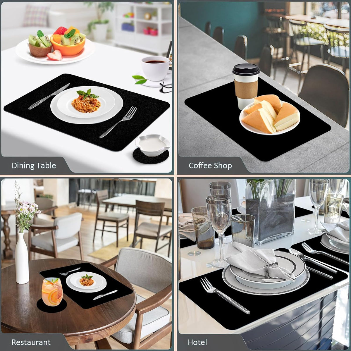 Placemats and Coasters Set of 6, Waterproof、Oil-Proof Wipeable、Anti Slip PVC Leather Place Mats, Heat Resistant Reversible Table Mats for Kitchen, Dining, Outdoor 17’’×12’’, (Black)