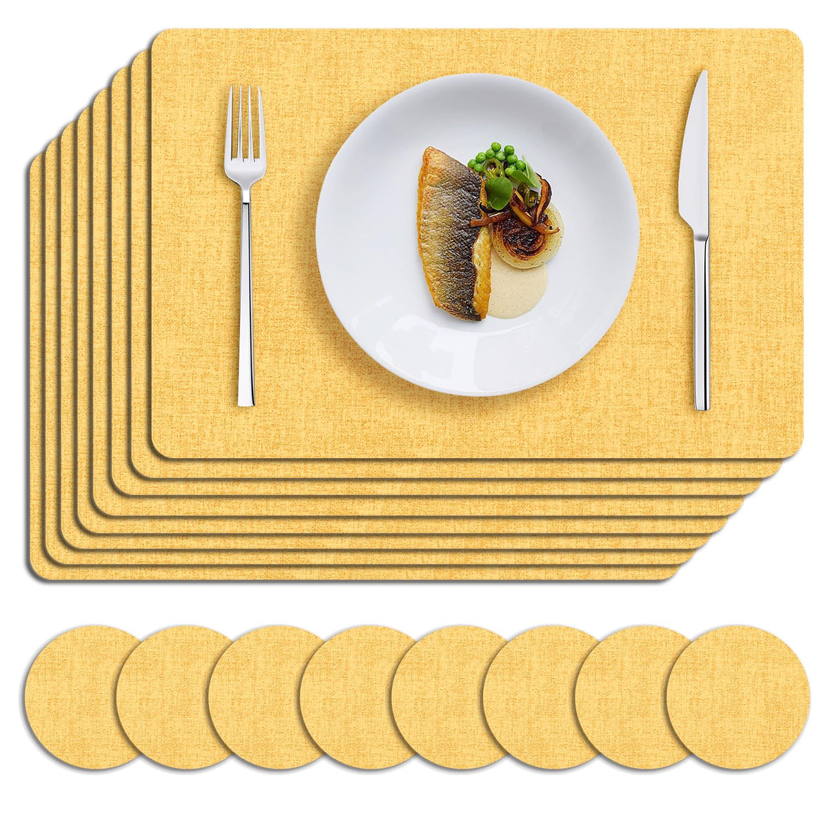 MOSAYT Placemats Set of 8, Heat Resistant Vinyl Place Mats with Coasters, Wipeable Washable 100% Waterproof Oil Proof Faux Leather Table Mats for Kitchen Dining Party Outdoor, 12" x 17", Orange