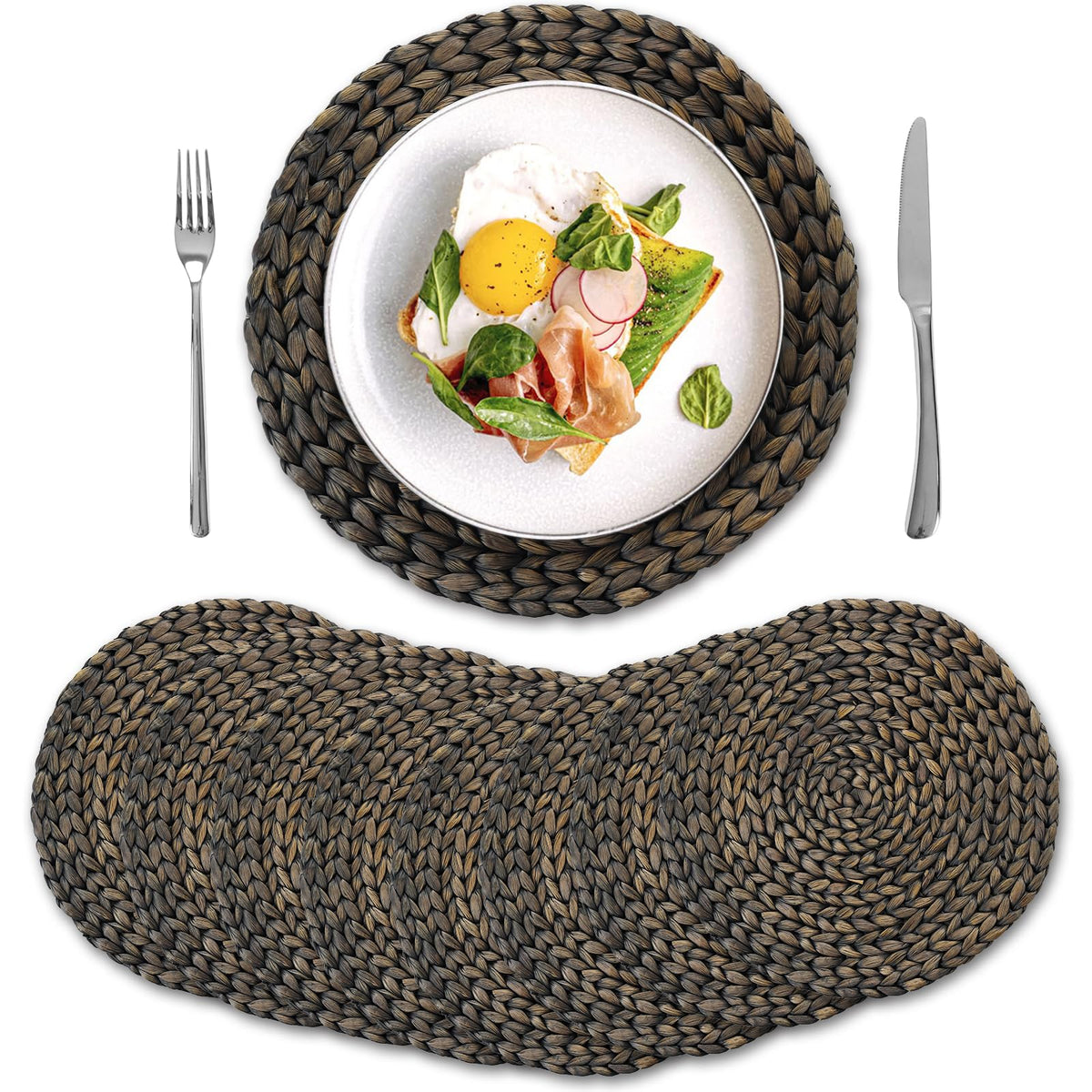 8 Pack, Round Woven Placemats, Natural Water Hyacinth Wicker Place Mats, Braided Straw Table Mats for Dining Table, Fall, Halloween, Thanksgiving, Christmas, Black (13.8 inch)