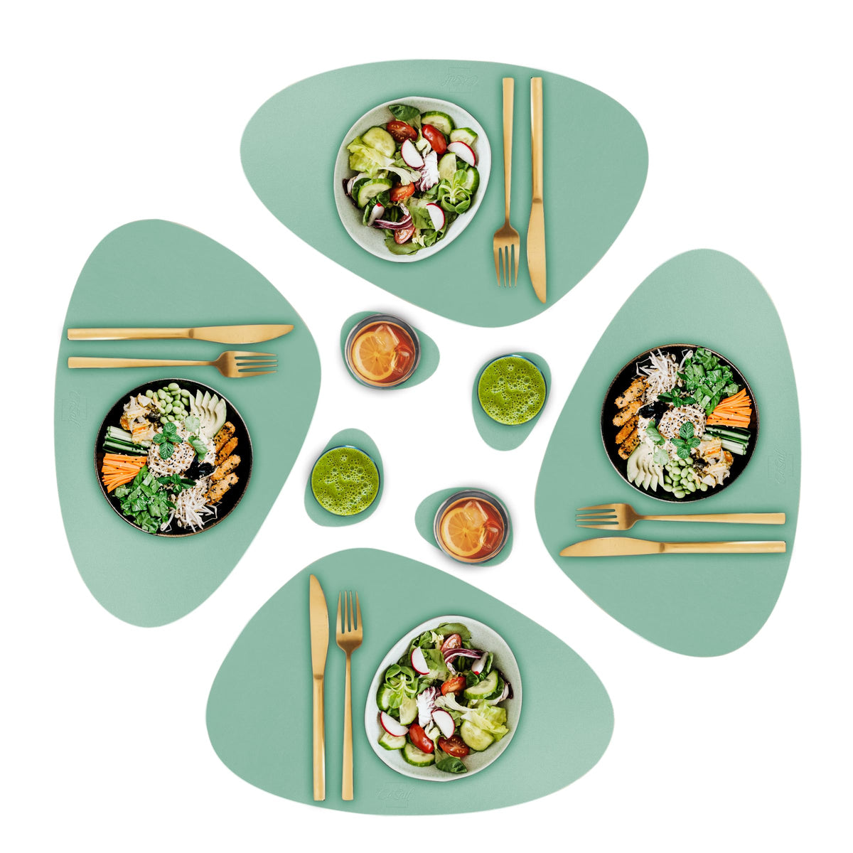 Faux Leather Placemats and Coasters - Set of 4 Round Modern Dark Green Table Mats for Dining - Heat Resistant, Waterproof & Non Slip Place mat for Indoor & Outdoor - Wipeable for Easy Care