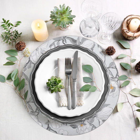 comfoyar Round Faux Leather Placemats Set of 6 with Coasters, 13inch Non-Slip Heat Resistant Dual-Sided Grey Flower Place Mats, Washable Waterproof Table Mats for Kitchen Dining Party Table Decoration
