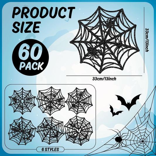 JarThenaAMCS 60Pcs Halloween Glitter Spider Web Disposable Paper Placemats Black Spiderweb Dining Table Mat Place Mats for Trick or Treat Party Home Table Setting, 13 x 13 Inch