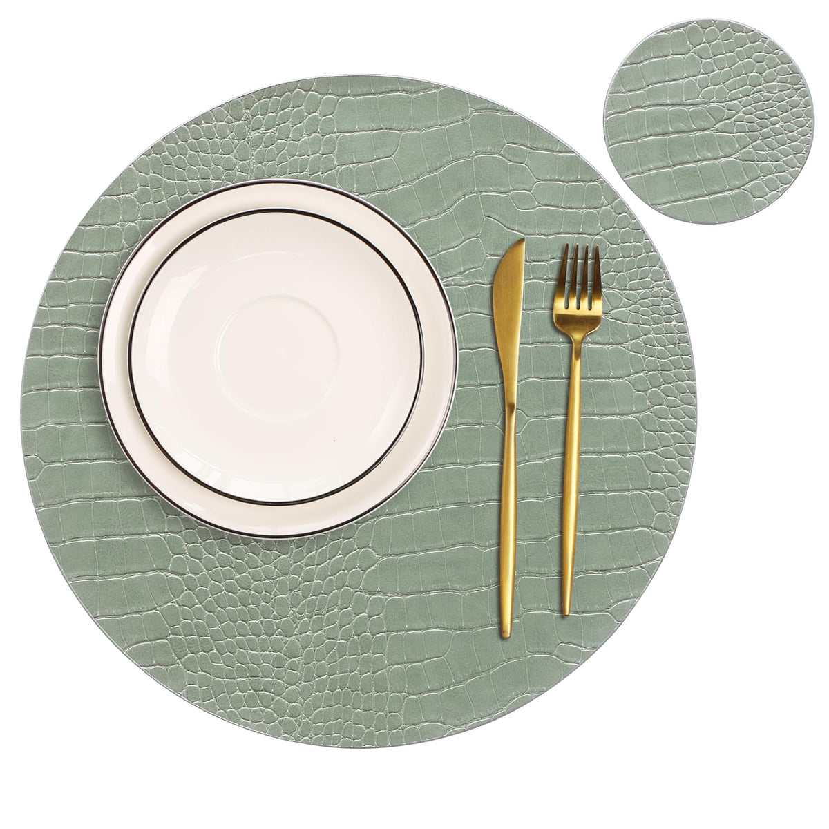 Jovono Round Leather Placemats for Round Tables Set of 4, Brown Place Mats and Coasters, Wipeable Waterproof Heat Resistant Table Mats Easy to Care for Indoor Decor 13 inch Diameter