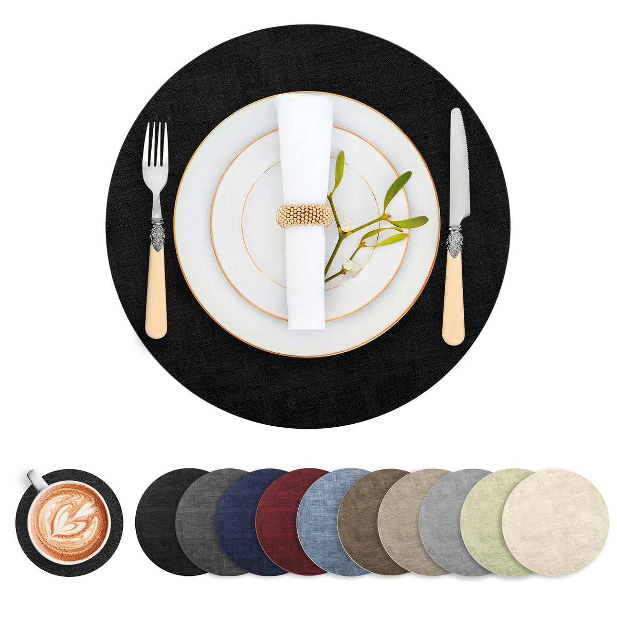 Round Faux Leather Placemats and Coasters, Set of 6, Reversible Heat Resistant Non-Slip Table Mats, Waterproof Wipeable Place Mats for Dining Table, Washable for Indoor & Outdoor (6, Beige)