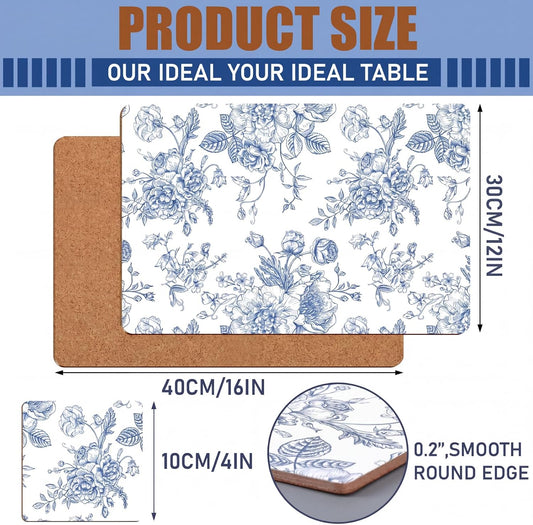 6 Sets Blue and White Floral Cork Placemats with 6 Coasters, 16x12 Inches Heat Resistant Cork Backed Table Mats, Square Coasters for Rustic Kitchen Dinner Table Setting Supplies