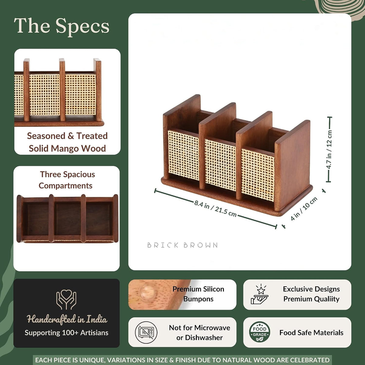 Brick Brown ® Premium Wooden Nora Cutlery Holder Spoon Stand for Kitchen | Cutlery holder for Dining table | Wooden Caddy Storage Organiser Stand with 3 Section Caddy Holder (8.4x4x4.7 inch)