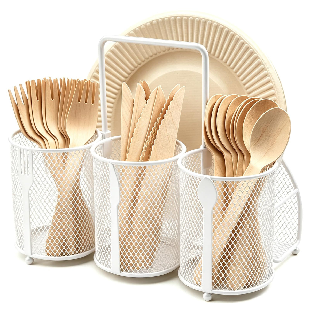 Silverware Organizer Utensil Caddy - 4 Compartment Metal Cutlery Holder Flatware Storage Basket Fork Spoon Napkin Paper Plate Kitchen Countertop Party Picnic Camping Buffet Outdoor (Black)
