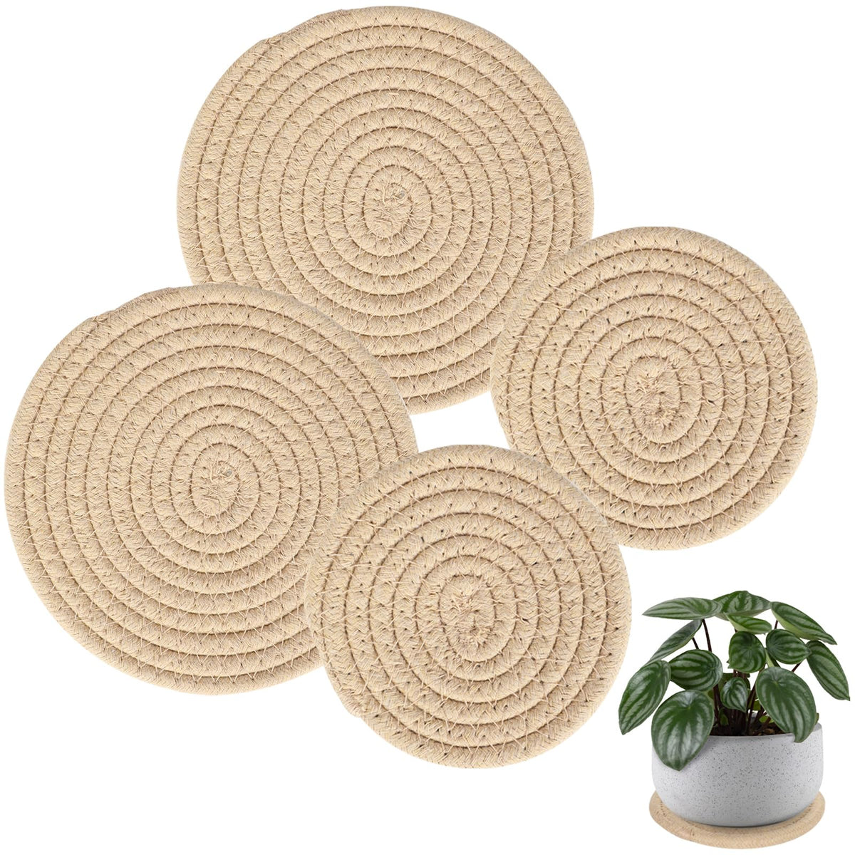 4 PCS Plant Coasters 4 & 7 Inch Woven Plant Saucer Coaster for Gardening Indoor and Outdoor Pots (Khaki)
