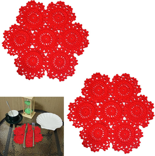 2PCS 10 Inch Sunflower Crochet Place Mats Lace Doilies Coasters Handmade Round Spliced Sunflower Table Cup Mats Easter Mother's Day Decoration,Red