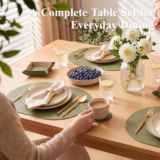 Woven Faux Leather Oval Placemats Set of 4/6 with Coasters & Tray, Heat Resistant, Non-Slip, Washable Dining Table Mats