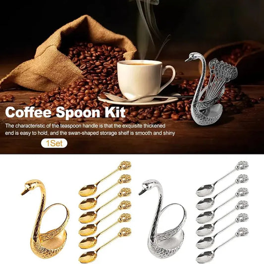 4.8 in Coffee Spoon Set With Holder, Swan Spoon And Fork Holder, Gold Durable Spoons Coffee Station Storage Organizer For Home Kitchen Christmas Universal Gift