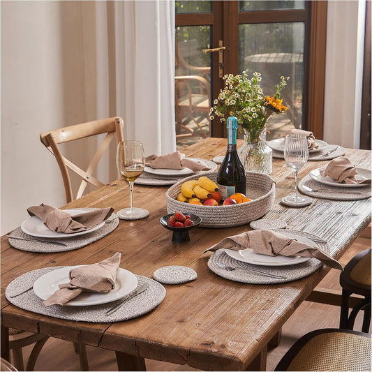 Oval Placemats Set of 6 with Coasters & Holder, Taupe Mix