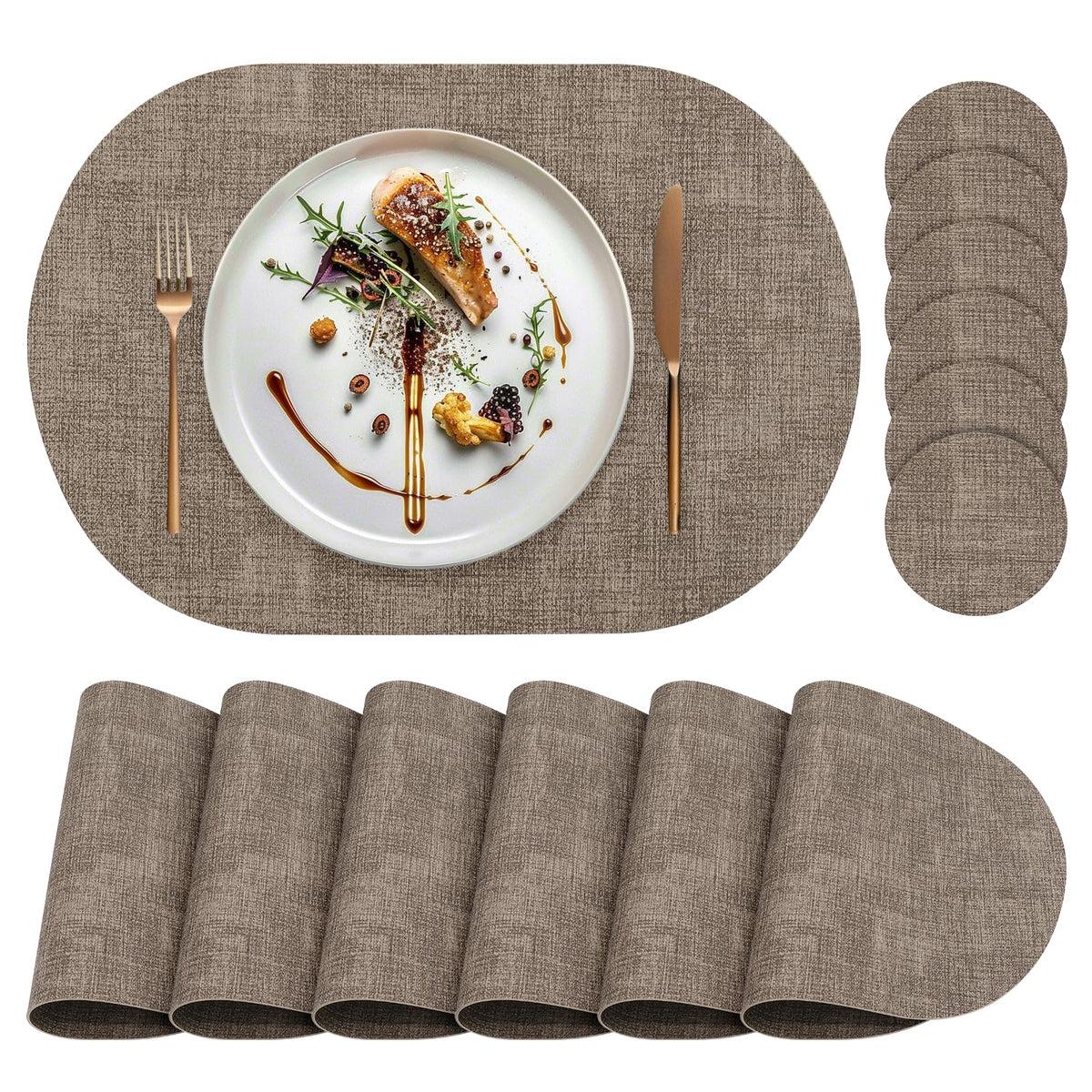 Faux Leather Placemats Set of 4 with Matching Coasters, Heat Resistant PU Oval Placemats, Waterproof Wipeable Washable Place Mats, Non-Slip Table Placemats for Dining Table Kitchen Patio