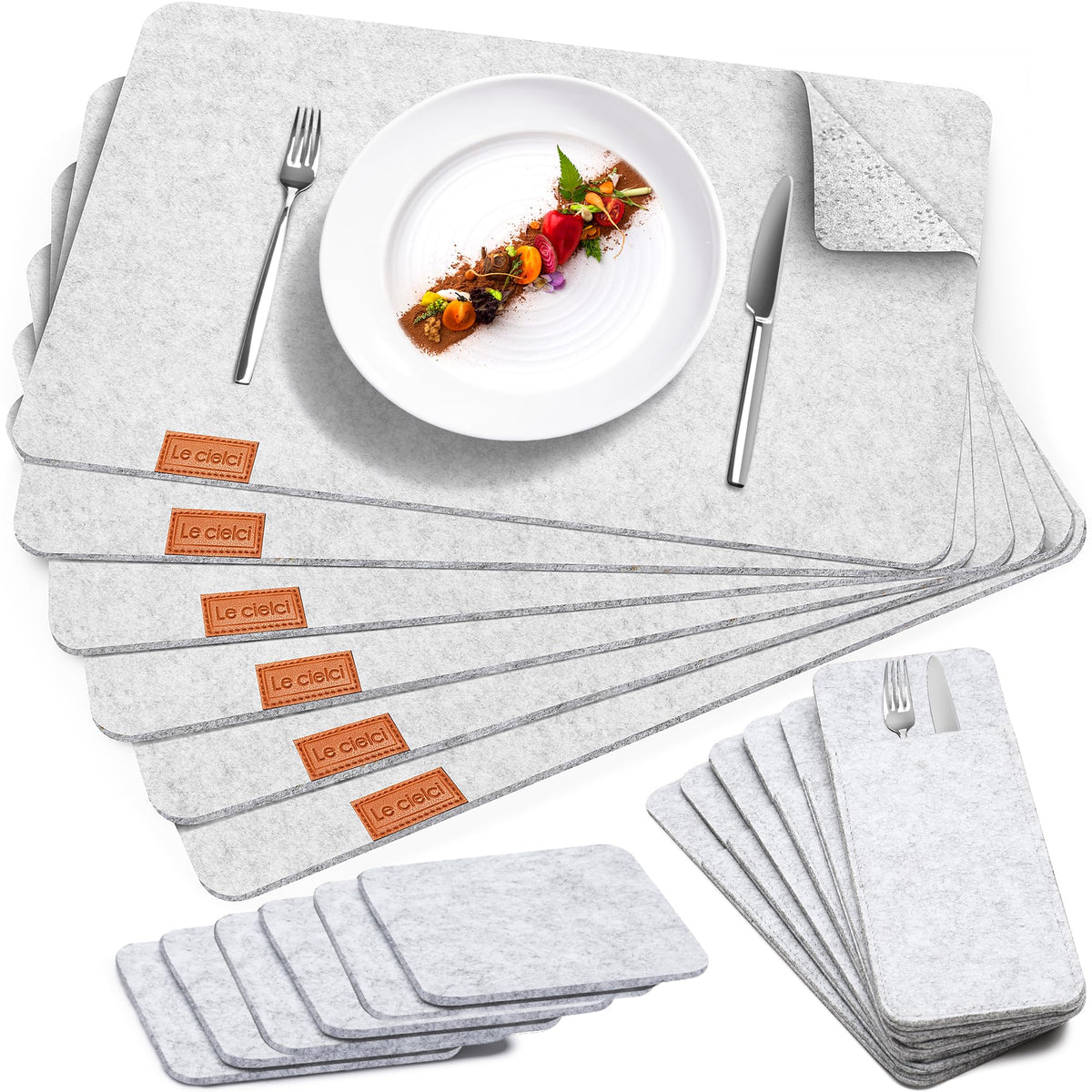 6 Placemats, 6 Coasters & 6 Cutlery Bags, Dark Gray Felt Table Mats