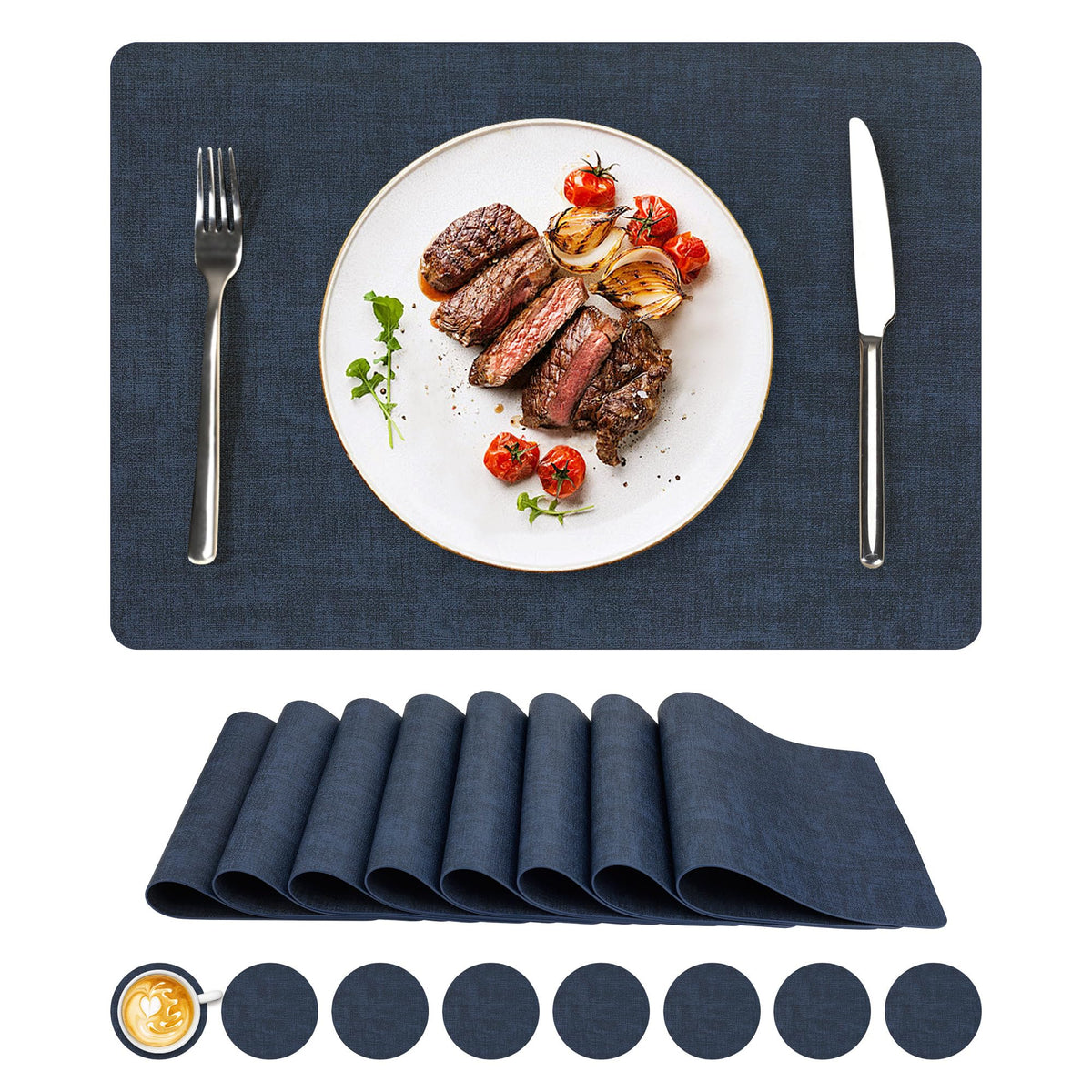 NCUE Vinyl Placemats Set of 8, 17"x12" Wipeable Place Mats with Coasters