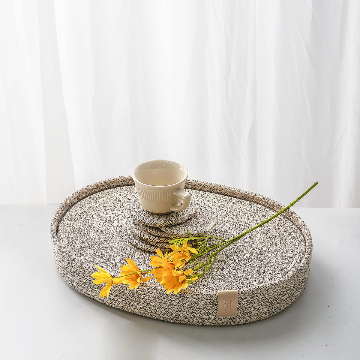 Oval Placemats Set of 6 with Coasters & Holder, Taupe Mix