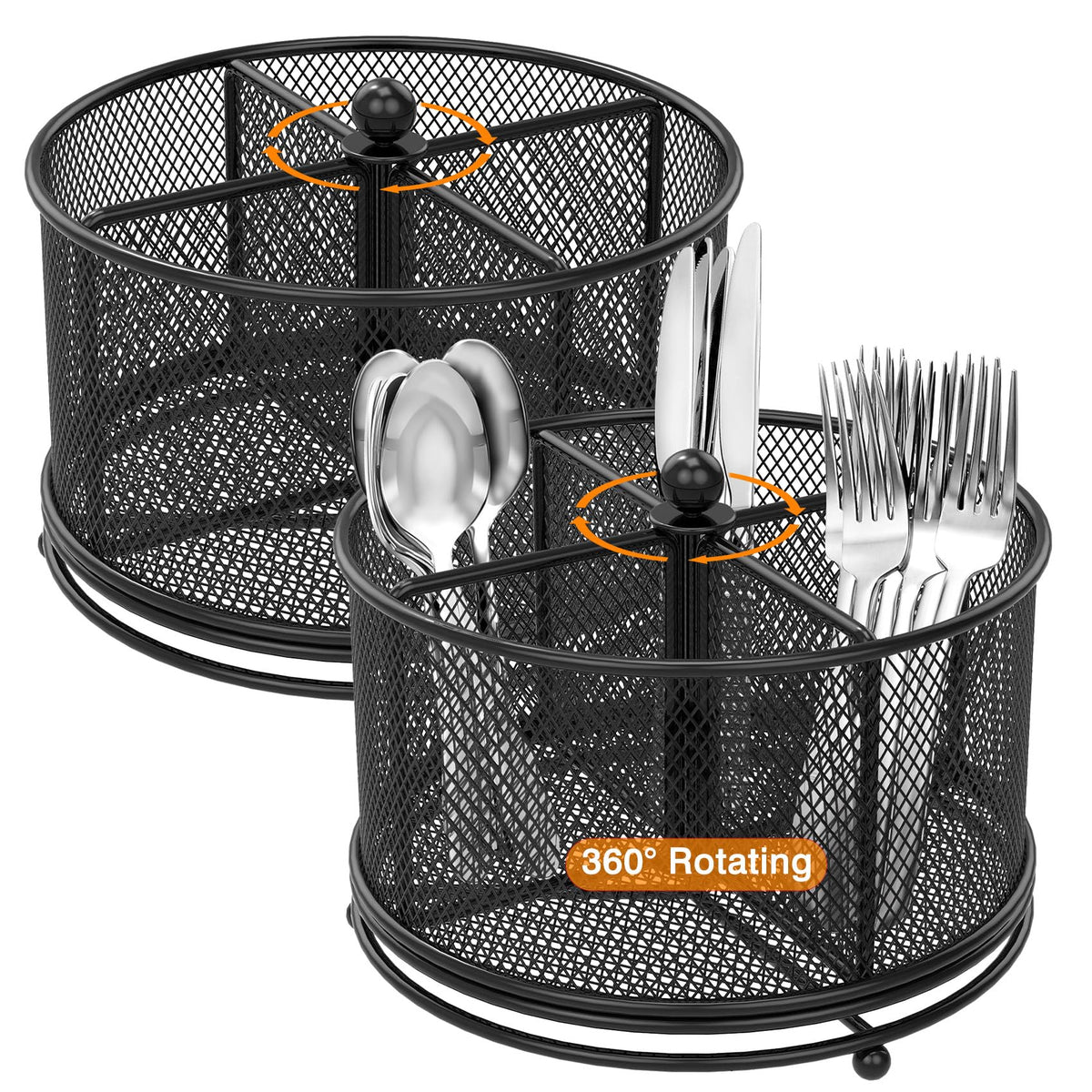 360° Rotating Metal Utensil Caddy, 4 Compartment Silverware Cutlery Holder