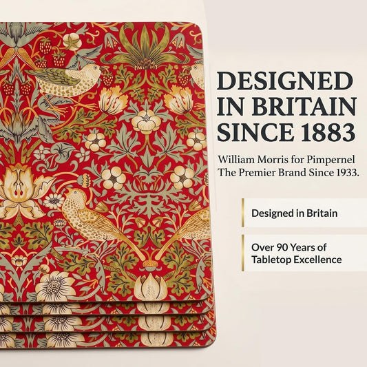Pimpernel Morris & Co Strawberry Thief Red Placemats, Set of 4 - Heat & Stain Resistant, Cork Back Table Mats Featuring Classic Birds & Botanical Design - Minimal Tableware for Hosting