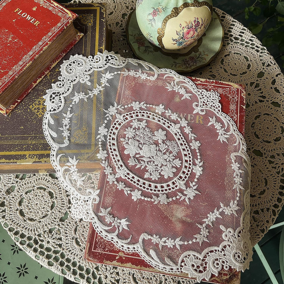 2PACK Retro French Style Lace Placemats Farmhouse Lace Doilies Embroidered Cup Mat vase mat 16.5”x11.6”,White (2)