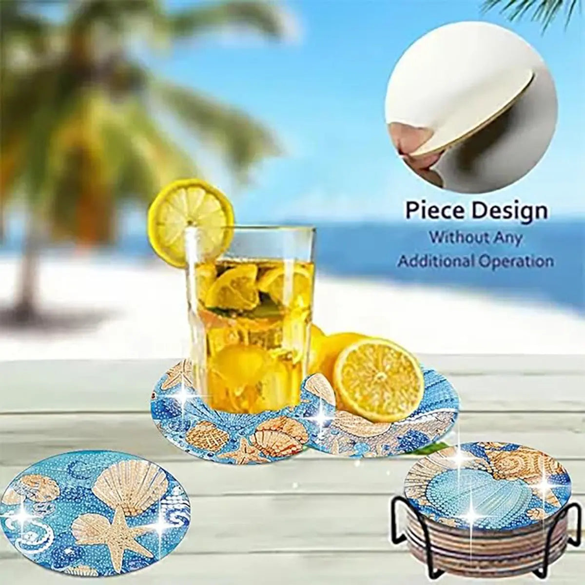 8-Piece Diamond Art Coaster Set with Stand, DIY Ocean Series Pattern, Suitable for Adults and Beginners, Perfect Gift for Friends
