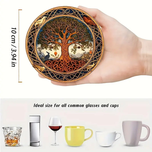 8 Pcs Tree of Life Coaster Set, Retro Carved Wooden Style Aesthetic Decorative Coaster Tableware Dinnerware Drink Mats Coasters for Drinks, Heatproof Cup Pads with Exquisite Pattern, Non-Slip Coasters for Coffee Cups, Tea Cups, Mugs Tabletop Protection