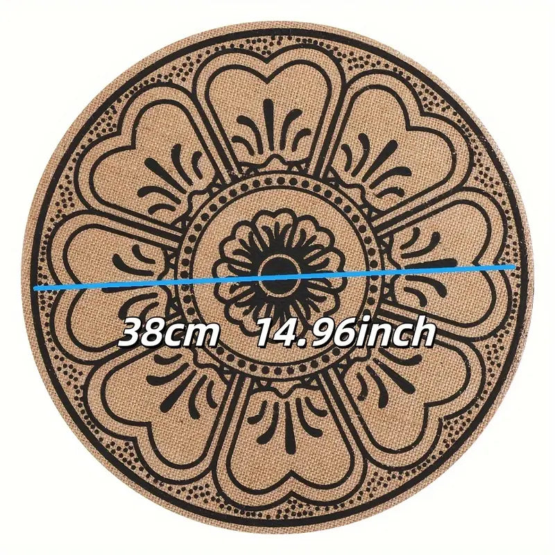 Bohemian Jute Print Round Non-Woven Fabric Table Placemats Set of 6 (15in) - Black PS Plastic-Linen Boho Placemats, Recyclable Machine-Washable Low-Fuss Home Supplies, Compact Storage French Country Decor