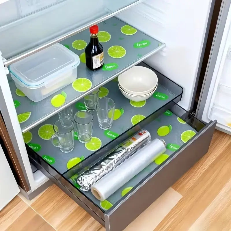 4pcs Thick Kitchen Refrigerator Mats, Washable, Cuttable, Oil-Resistant, Easy to Clean, Durable Non-Slip, Vibrant Lemon Pattern, for Fridge, Shelves, Freezer, Cabinets