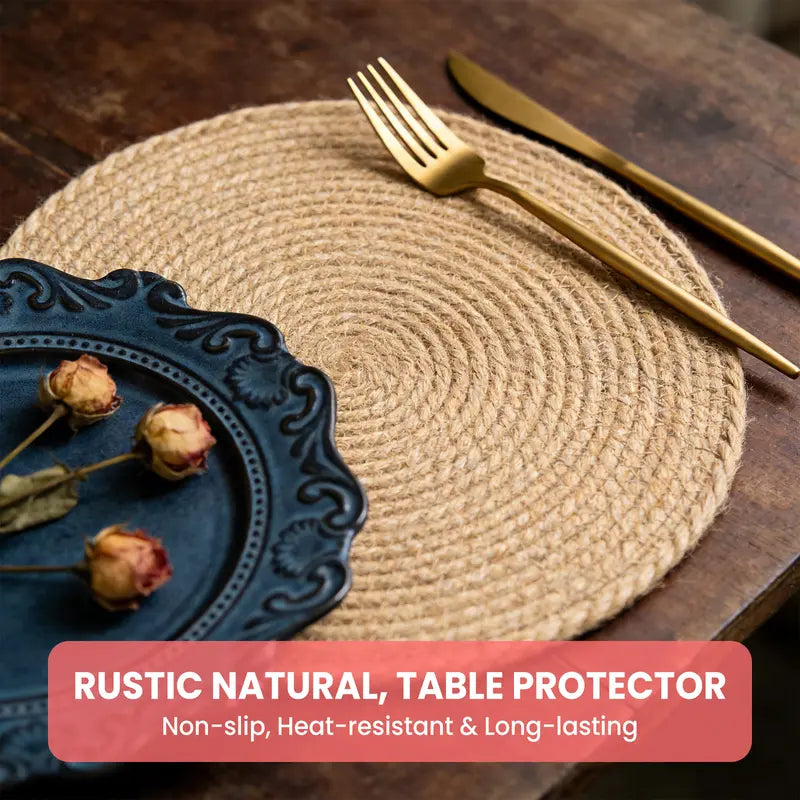 Handmade Round Boho Rattan Placemats Set of 8 - 12in Natural Braided Tableware with Handmade Texture, Heat Buffer Layer, Heat-Resistant, Eco-Friendly Round & Rustic Placemats & Coasters with Boho Braided Look for Kitchen, Patio Dining Tables