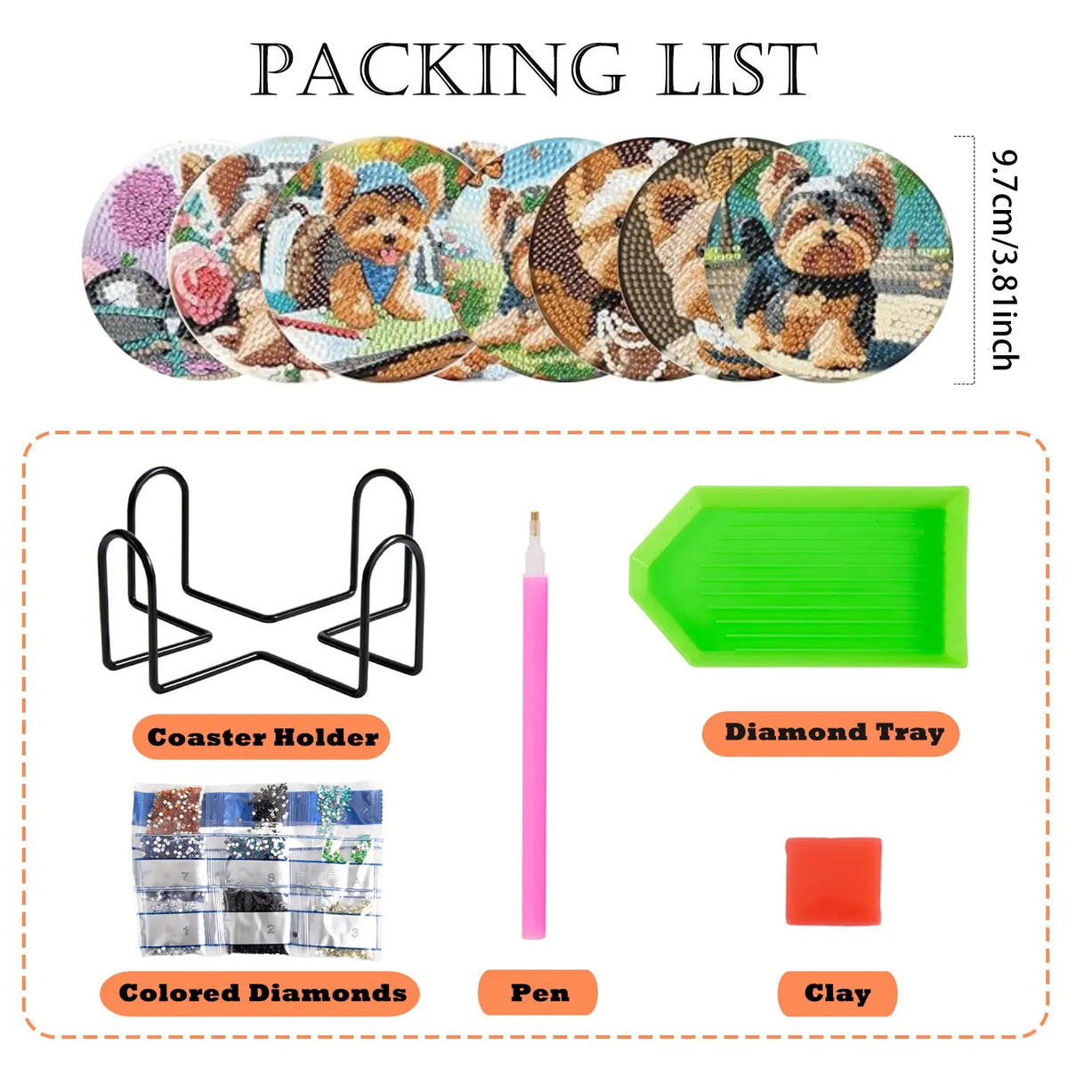 8 pieces/set of diamond painted coaster set with animal dog pattern coaster (with holder) - DIY diamond art craft kit for home decoration beginners, diamond craft supplies, artificial diamond art craft supplies gifts