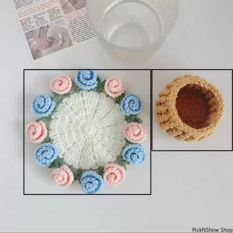Handmade Crochet Floral Bouquet Decorative Coaster Set - 2026 Cozy Yarn-Knitted Cup Coasters for Drinks, Kitchen Drink Holder, Mom Gift, Synthetic Basic Fashion Accessory Set, Room Decor