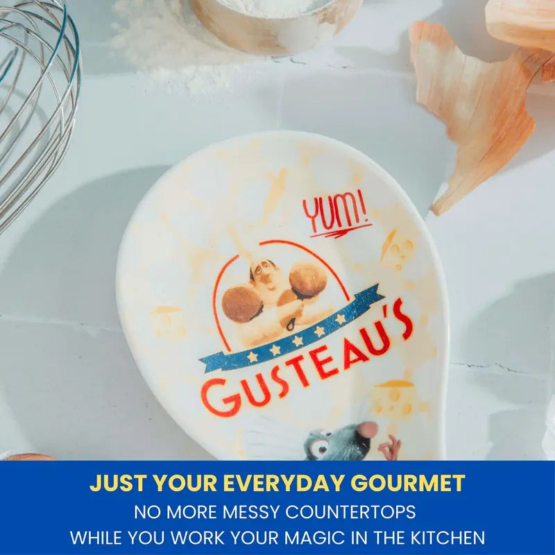 Disney Pixar Ratatouille Icon Collage "Bon Appetit" Ceramic Spoon Rest Holder, Microwave-Safe Kitchen Helper for Spoons, Ladles, Cutlery, Utensils
