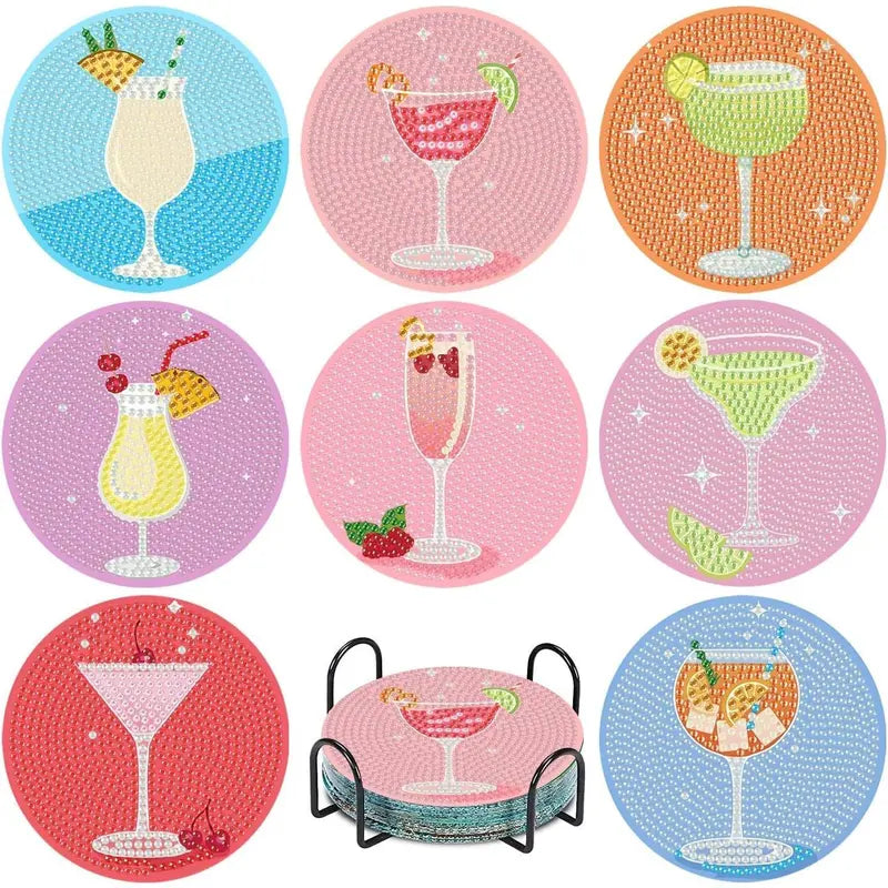 8-Pcs 5D Diamond Art Coasters DIY Kit - Retro Cup & Cocktail Coasters with Holder, Tray & Tableware for Adult Crafters, Countertops Gift Option, Cup Coasters