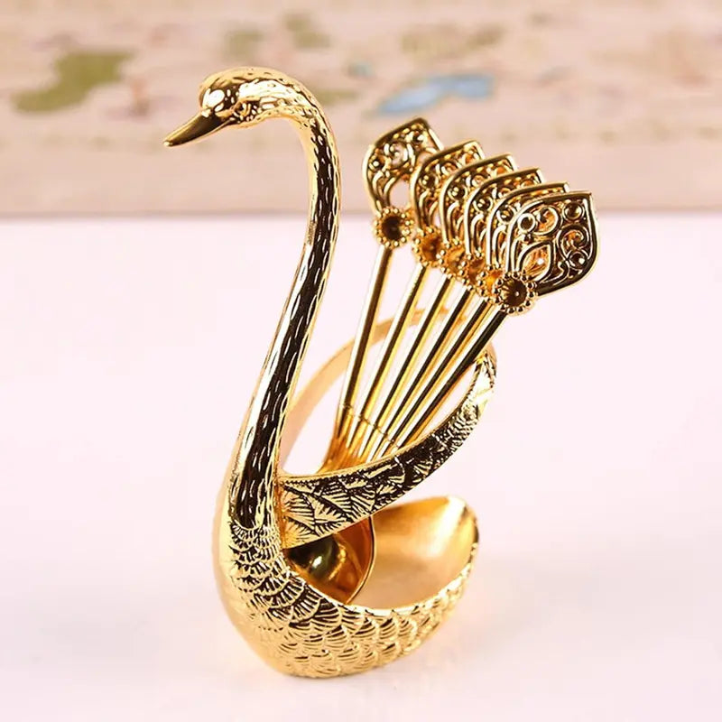 4.8 in Coffee Spoon Set With Holder, Swan Spoon And Fork Holder, Gold Durable Spoons Coffee Station Storage Organizer For Home Kitchen Christmas Universal Gift