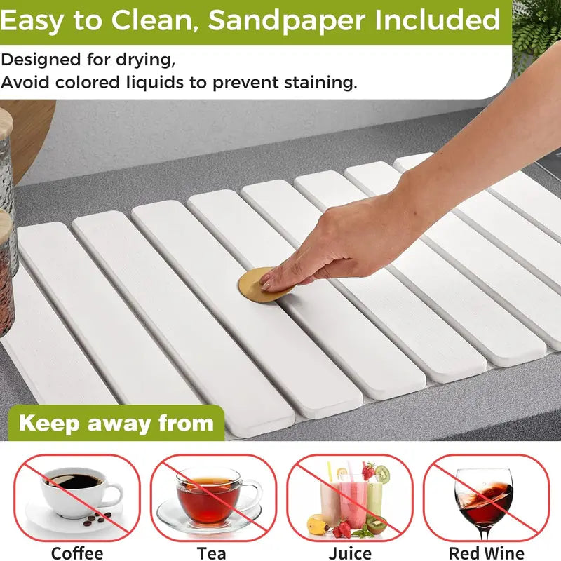 Foldable Large Diatomaceous Earth Dish Drying Mat - 24"×16" Kitchen Counter Drying Pad, Super Absorbent & Heat Resistant Diatomite Mat for Dishes, Non-Slip Tableware Drying Mat with White Marble Pattern