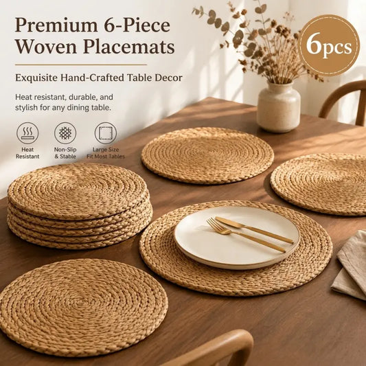 6 pack hand woven round water hyacinth placemats heat resistant non slip natural rattan table mats farmhouse Boho Placemats Set boho dining table decor