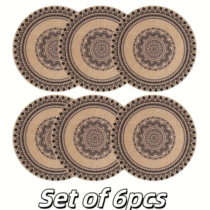 Bohemian Jute Print Round Non-Woven Fabric Table Placemats Set of 6 (15in) - Black PS Plastic-Linen Boho Placemats, Recyclable Machine-Washable Low-Fuss Home Supplies, Compact Storage French Country Decor