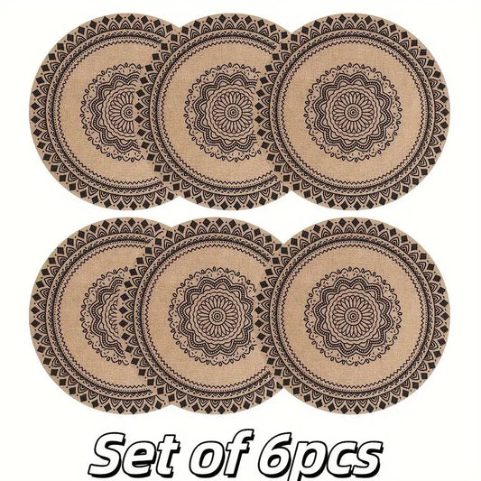 Bohemian Jute Print Round Non-Woven Fabric Table Placemats Set of 6 (15in) - Black PS Plastic-Linen Boho Placemats, Recyclable Machine-Washable Low-Fuss Home Supplies, Compact Storage French Country Decor
