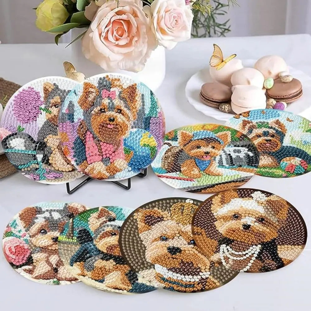 8 pieces/set of diamond painted coaster set with animal dog pattern coaster (with holder) - DIY diamond art craft kit for home decoration beginners, diamond craft supplies, artificial diamond art craft supplies gifts