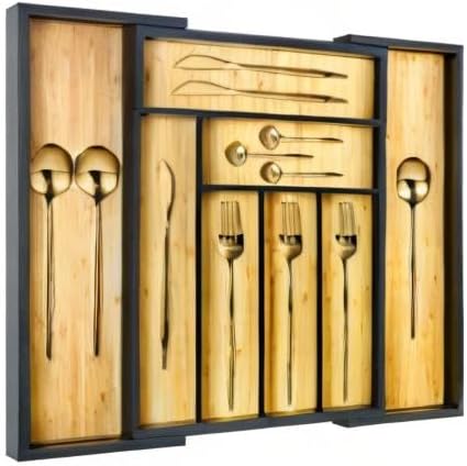 Bamboo drawer organizer, utensil holder, silverware organizer, and adjustable cutlery tray with drawer dividers, for kitchen, office desk, and bathroom storage (Black)