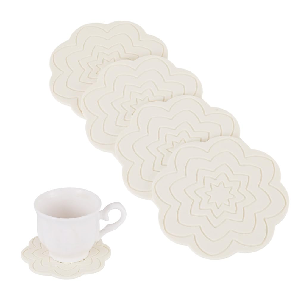 4Pcs Flower Cup Mats for Cold Hot Drinks, Patterned Silicone Coasters Non Slip Heat Resistant Placemats Washable Coffee Tea Mug Mat Pads for Office Home Kitchen Bar Table Protection, Tan