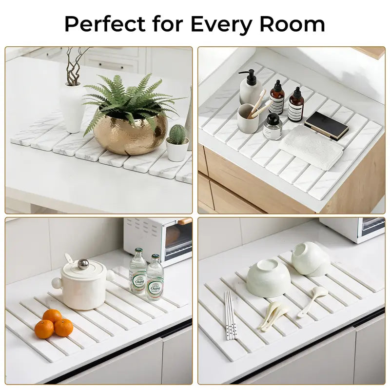 Foldable Large Diatomaceous Earth Dish Drying Mat - 24"×16" Kitchen Counter Drying Pad, Super Absorbent & Heat Resistant Diatomite Mat for Dishes, Non-Slip Tableware Drying Mat with White Marble Pattern