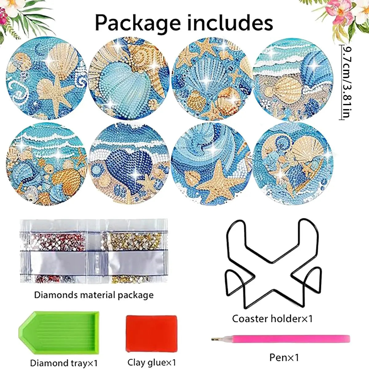 8-Piece Diamond Art Coaster Set with Stand, DIY Ocean Series Pattern, Suitable for Adults and Beginners, Perfect Gift for Friends