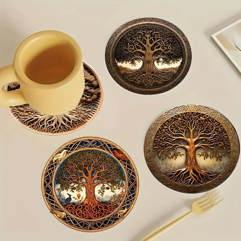 8 Pcs Tree of Life Coaster Set, Retro Carved Wooden Style Aesthetic Decorative Coaster Tableware Dinnerware Drink Mats Coasters for Drinks, Heatproof Cup Pads with Exquisite Pattern, Non-Slip Coasters for Coffee Cups, Tea Cups, Mugs Tabletop Protection