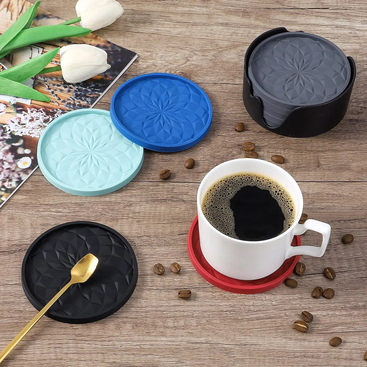 Silicone Coaster with Holder, 6 Counts/set Non-slip Coaster, Durable Cup Mat for Hot & Cold Drink, Coasters for Drinks, Coffee Table Mat, Kitchen Coasters, Kitchen Accessories